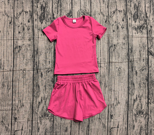 Preorder Baby Girls Kids Short Sleeves Hot Pink Shirt Skirt Shorts Yoga Active Set Clothes