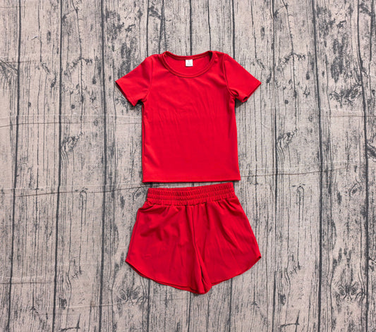 Preorder Baby Girls Kids Short Sleeves Red Shirt Skirt Shorts Yoga Active Set Clothes
