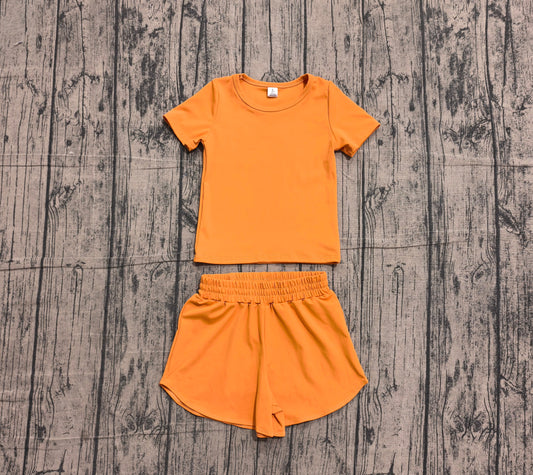 Preorder Baby Girls Kids Short Sleeves Orange Shirt Skirt Shorts Yoga Active Set Clothes