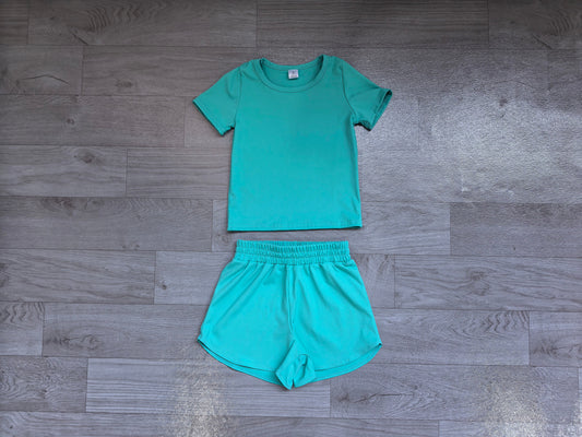 No moq Preorder Baby Girls Kids Short Sleeves Shirt Skirt Shorts Yoga Active Set Green Clothes
