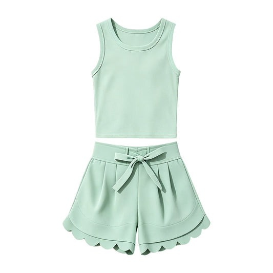 Preorder Baby Girls Kids Sleeveless Green Vest Scallop Shorts Yoga Active Set Clothes ( Moq 5 )