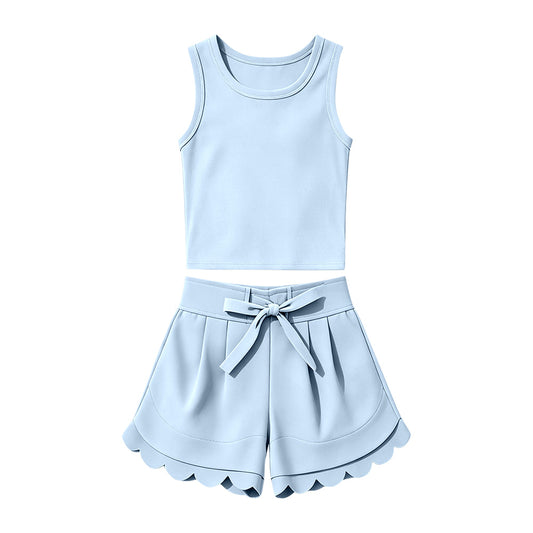 Preorder Baby Girls Kids Sleeveless Light Blue Vest Scallop Shorts Yoga Active Set Clothes ( Moq 5 )