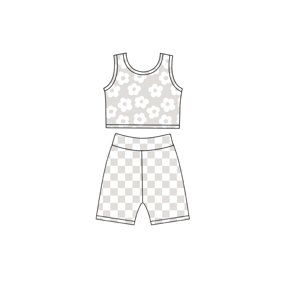 Preorder Baby Girls Kids Flower Tops Grey Checked Shorts Yoga Active Set Clothes ( Moq 5 )
