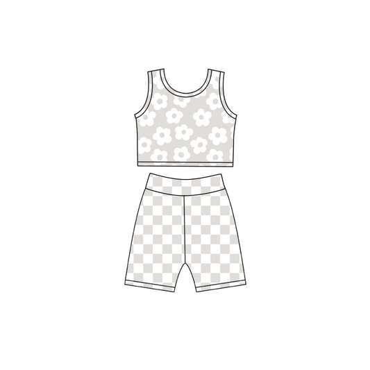 Preorder Baby Girls Kids Flower Tops Grey Checked Shorts Yoga Active Set Clothes ( Moq 5 )