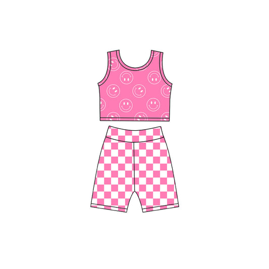 Preorder Baby Girls Kids Smile Tops Pink Checked Shorts Yoga Active Set Clothes ( Moq 5 )