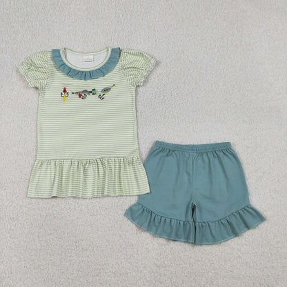 Sibling Baby Boys Girls Short Sleeves Embroidery Fishing Shirts Green Plaid Shorts Clothes Sets