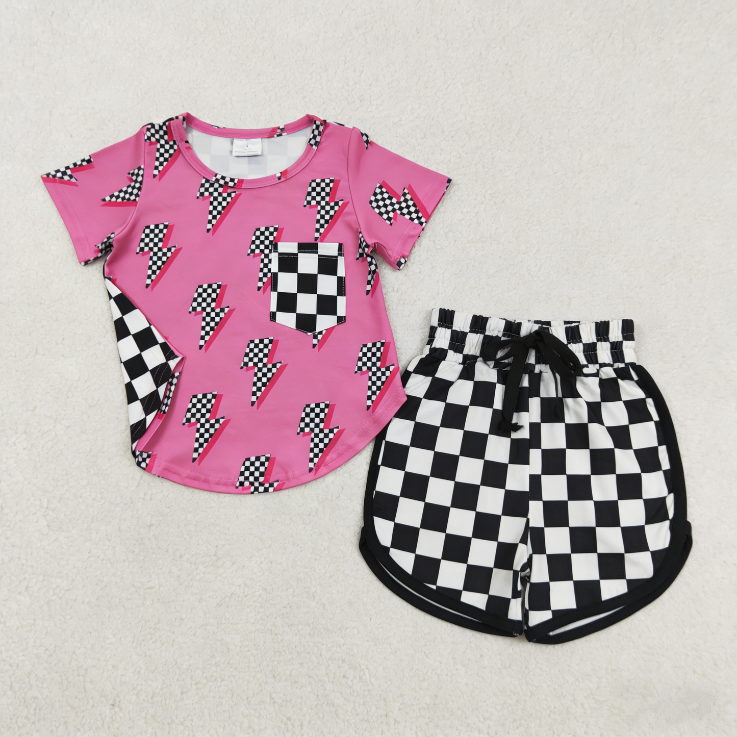 RTS Baby Girls Kids Short Sleeves Pink Shirt Black Checked Shorts Set Clothes
