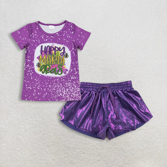 Baby Girls Short Sleeves Purple Shirt Leather Ruffle Shorts Mardi Gras Set