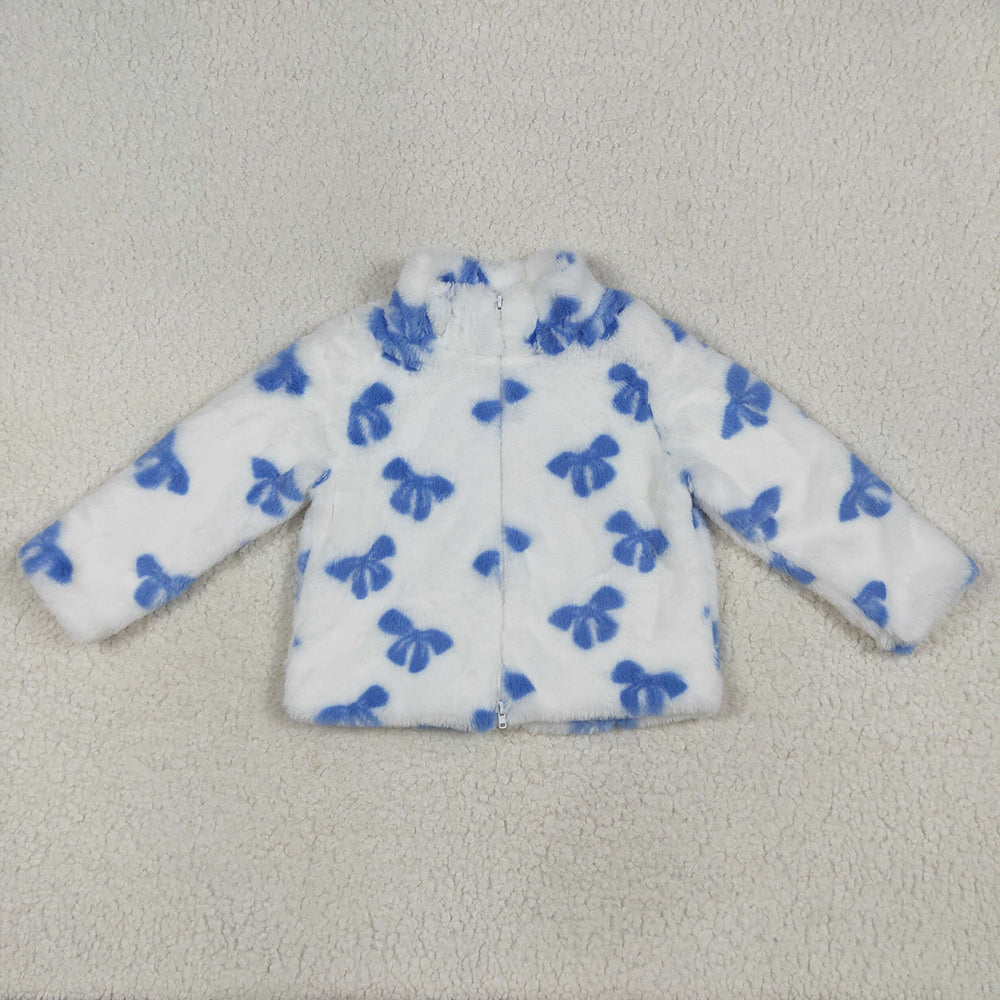 USA Shop Baby Girls Kids Long Sleeves Blue Bows Polar Fleece Zipper Cardigan Jacket