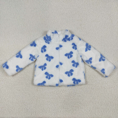 USA Shop Baby Girls Kids Long Sleeves Blue Bows Polar Fleece Zipper Cardigan Jacket