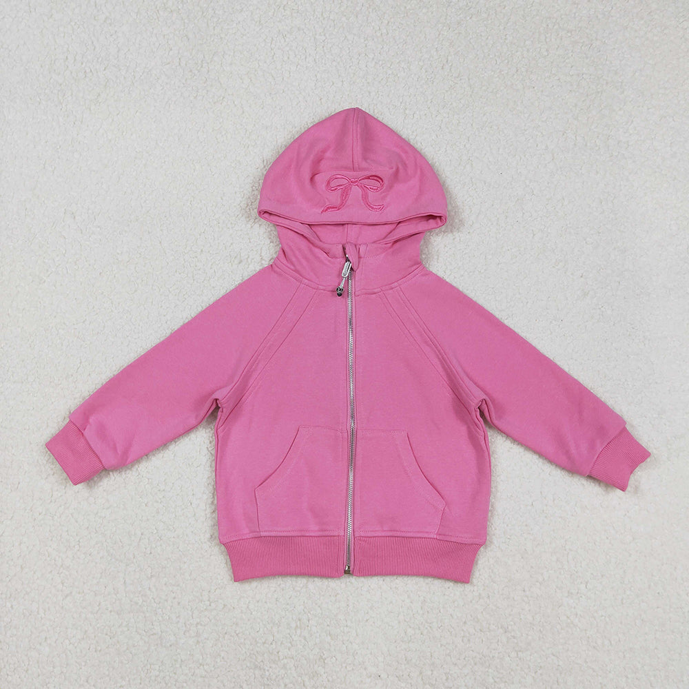 USA Shop Baby Girls Pink Long Sleeves Embroidery Bows Zipper Pockets Hoodie Jacket Tops