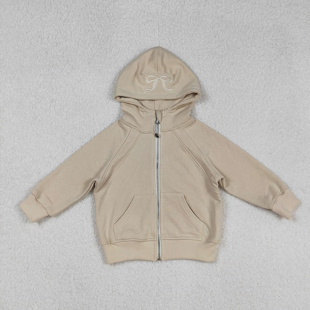 USA Shop Baby Girls Long Sleeves Embroidery Bows Zipper Pockets Hoodie Khaki Jacket Tops