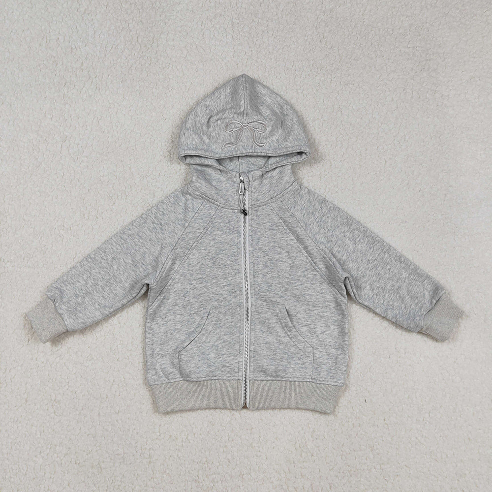 USA Shop Baby Girls Long Sleeves Embroidery Bows Zipper Pockets Hoodie Grey Jacket Tops