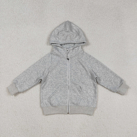 USA Shop Baby Girls Long Sleeves Embroidery Bows Zipper Pockets Hoodie Grey Jacket Tops