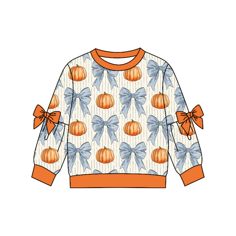 Preorder Baby Girls Kids Long Sleeves Blue Bows Pumpkins Shirt Fall Tops Clothes ( Moq 5 )