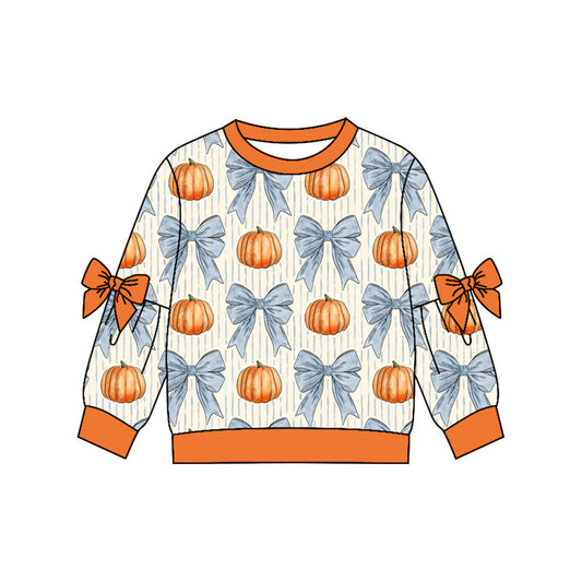 Preorder Baby Girls Kids Long Sleeves Blue Bows Pumpkins Shirt Fall Tops Clothes ( Moq 5 )