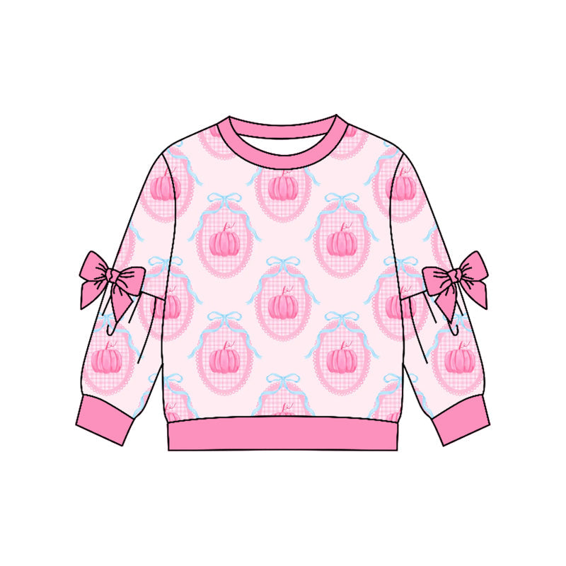 Preorder Baby Girls Kids Long Sleeves Bows Pink Pumpkins Shirt Fall Tops Clothes ( Moq 5 )