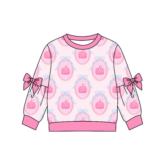 Preorder Baby Girls Kids Long Sleeves Bows Pink Pumpkins Shirt Fall Tops Clothes ( Moq 5 )