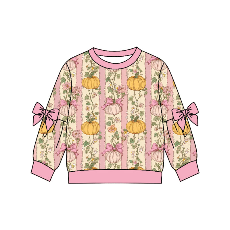 Preorder Baby Girls Kids Long Sleeves Pink Bows Pumpkins Shirt Fall Tops Clothes ( Moq 5 )