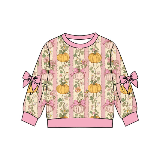 Preorder Baby Girls Kids Long Sleeves Pink Bows Pumpkins Shirt Fall Tops Clothes ( Moq 5 )