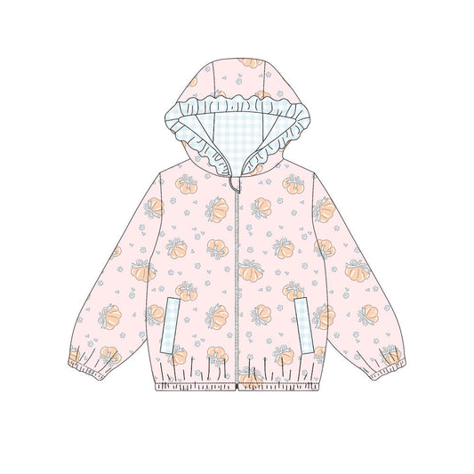 Preorder Baby Girls Kids Long Sleeves Pockets Plaid Hoodie Zipper Pumpkins Tops Fall Clothes ( Moq 5 )