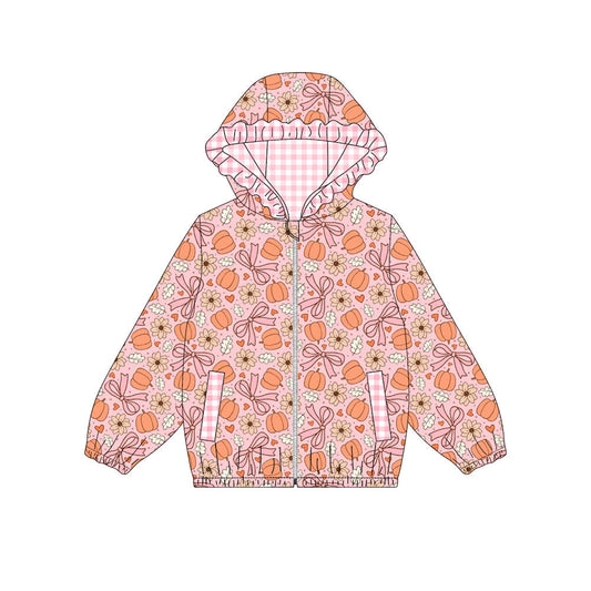 Preorder Baby Girls Kids Long Sleeve Pumpkins Bows Flower Pockets Hoodie Zipper Tops Fall Clothes ( Moq 5 )