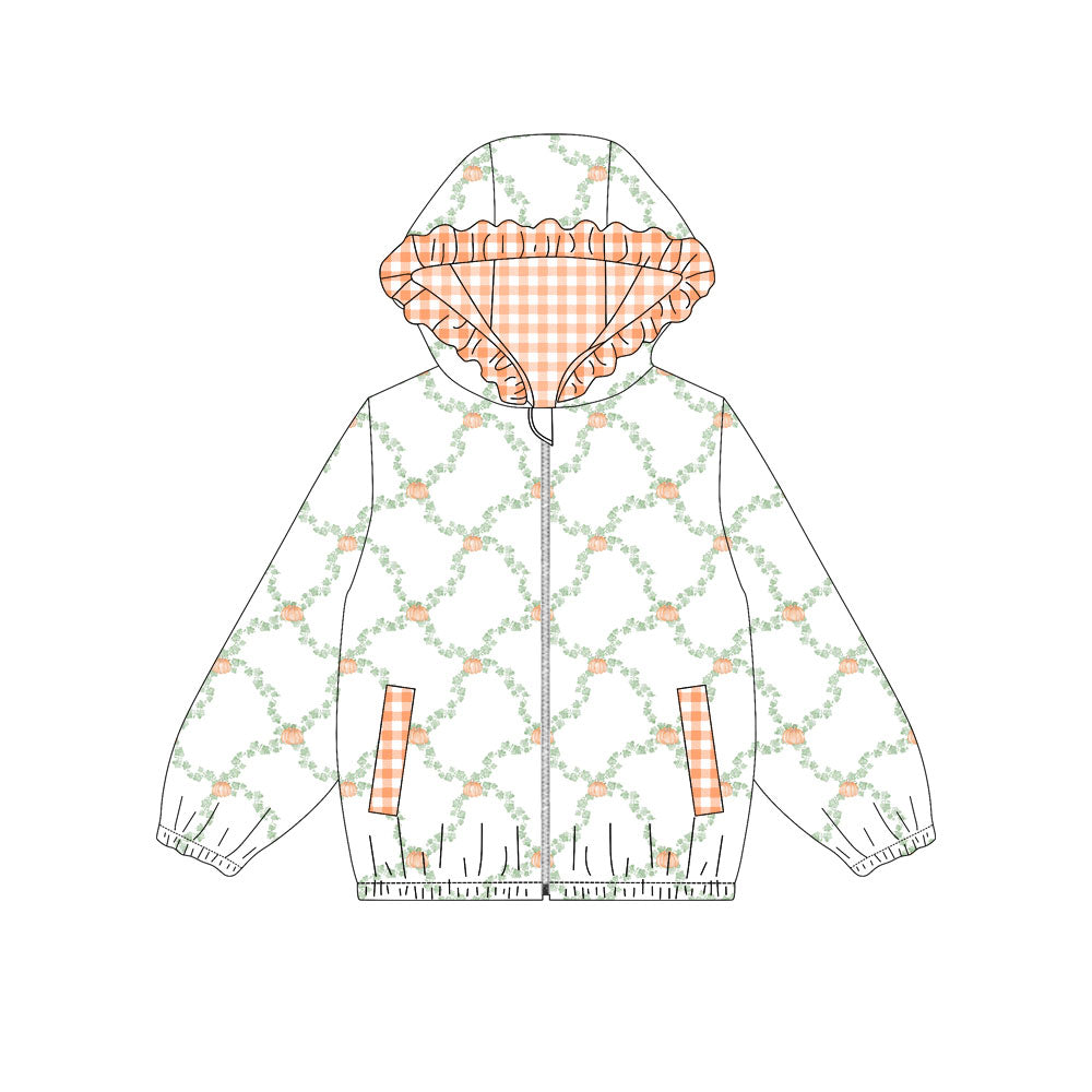 Preorder Baby Girls Kids Long Sleeve Pumpkins Pockets Plaid Hoodie Zipper Tops Fall Clothes ( Moq 5 )