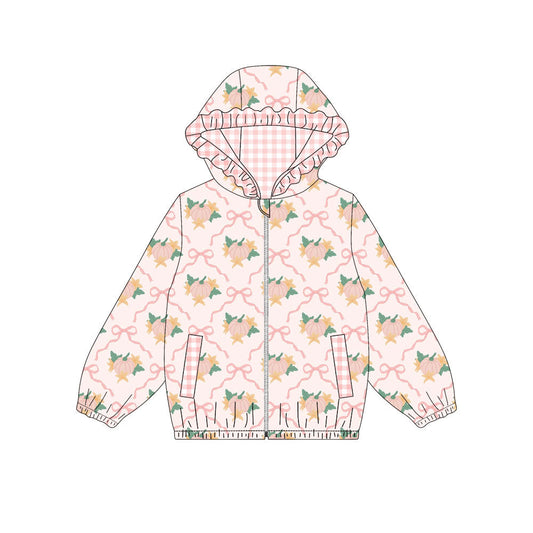 Preorder Baby Girls Kids Long Sleeve Pumpkins Bows Pockets Hoodie Zipper Tops Fall Clothes ( Moq 5 )