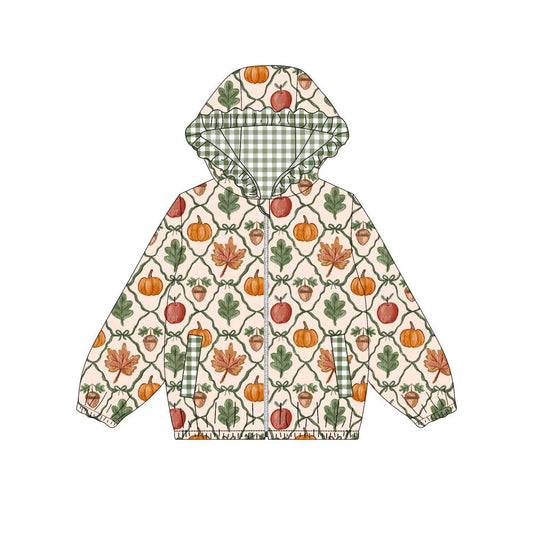 Preorder Baby Girls Kids Long Sleeve Leaves Pumpkins Pockets Hoodie Zipper Tops Fall Clothes ( Moq 5 )