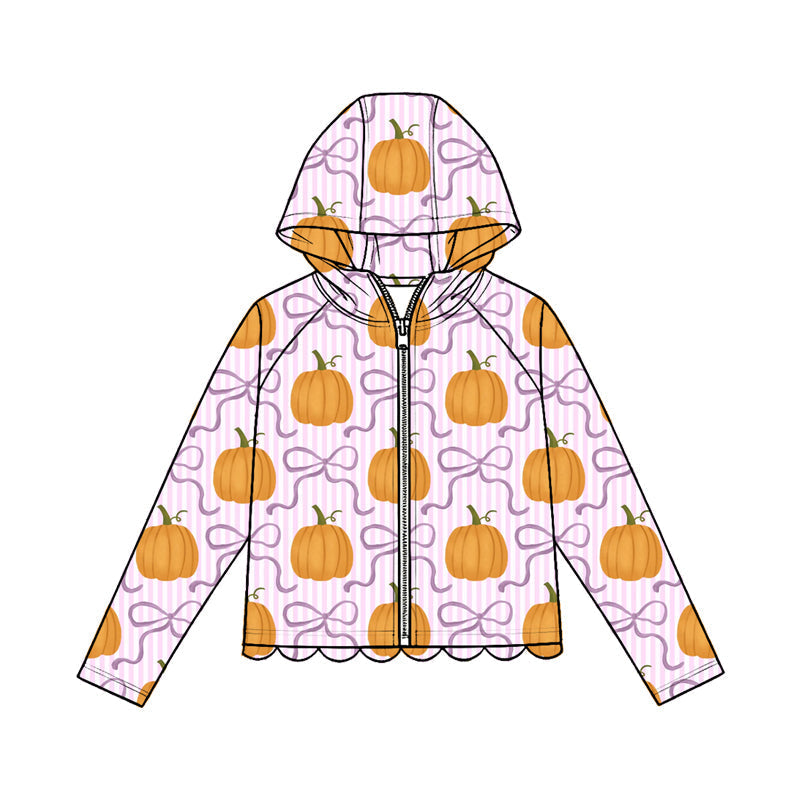 Preorder Baby Girls Kids Long Sleeves Bows Pumpkins Zipper Hoodie Scallop Tops Fall Clothes ( Moq 5 )