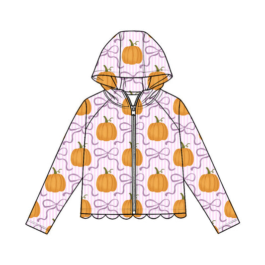 Preorder Baby Girls Kids Long Sleeves Bows Pumpkins Zipper Hoodie Scallop Tops Fall Clothes ( Moq 5 )