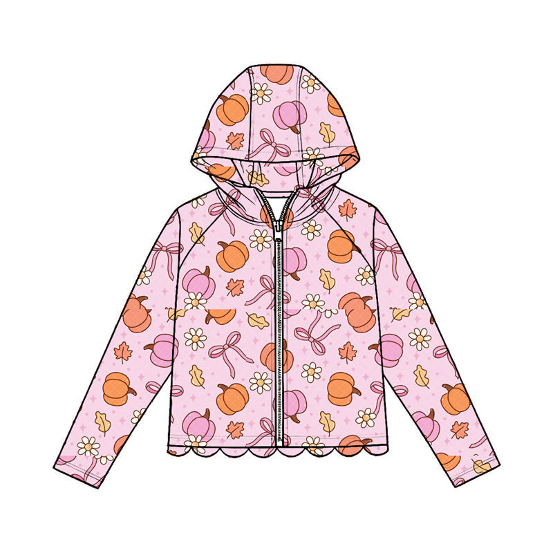 Preorder Baby Girls Kids Pumpkins Bows Flower Zipper Hoodie Scallop Tops Fall Clothes ( Moq 5 )
