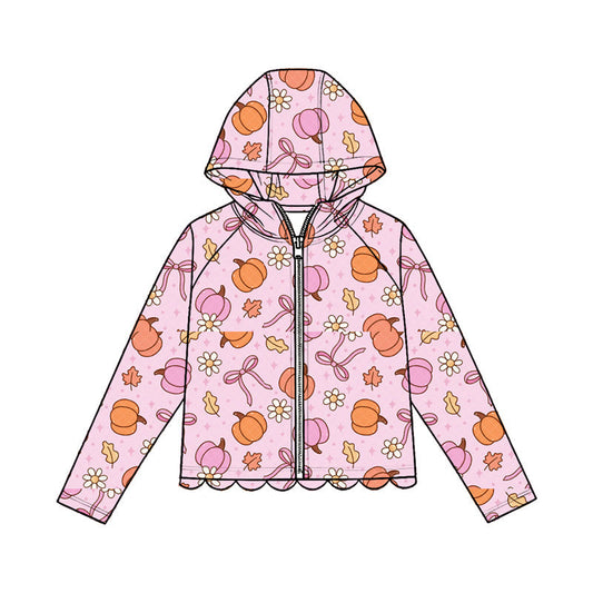 Preorder Baby Girls Kids Pumpkins Bows Flower Zipper Hoodie Scallop Tops Fall Clothes ( Moq 5 )