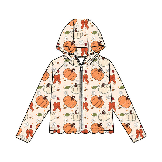 Preorder Baby Girls Kids Long Sleeves Pumpkins Bows Zipper Hoodie Scallop Tops Fall Clothes ( Moq 5 )