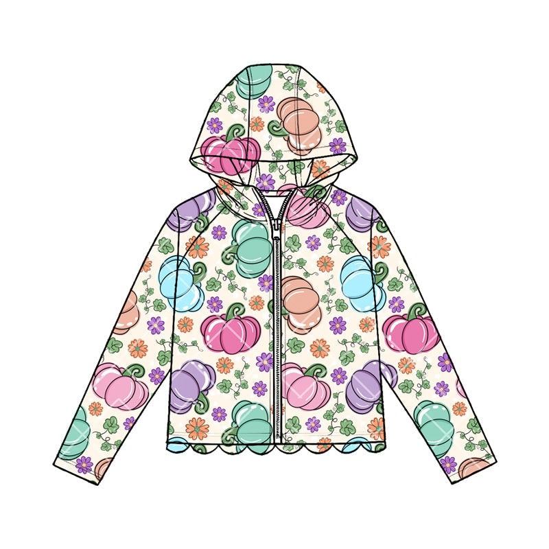 Preorder Baby Girls Kids Colorful Pumpkins Flower Zipper Hoodie Scallop Tops Fall Clothes ( Moq 5 )
