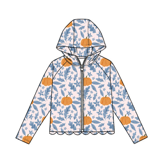 Preorder Baby Girls Kids Long Sleeves Pumpkins Zipper Hoodie Scallop Tops Fall Clothes ( Moq 5 )