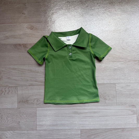 No moq Preorder Baby Girls Kids Short Sleeves Green Buttons Yoga Active Shirt Tops