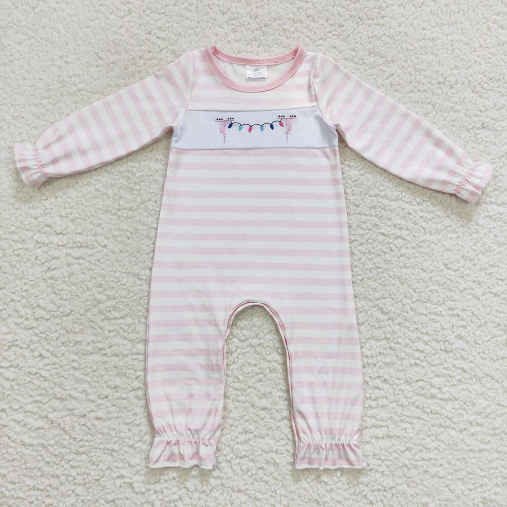 USA Shop Baby Girls Kids Embroidery Christmas Lights Pink Stripes Romper