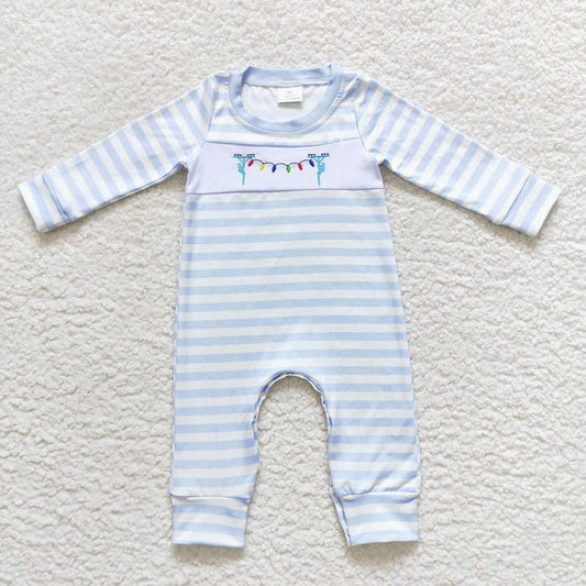 USA Shop Baby Boys Infant Long Sleeves Embroidery Christmas Lights Blue Stripes Romper