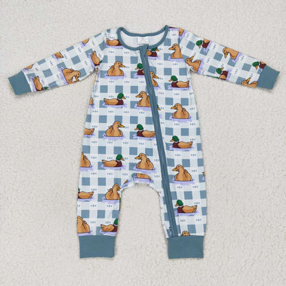 USA Shop Baby Boys Long Sleeves Ducks Checkered Zipper Romper