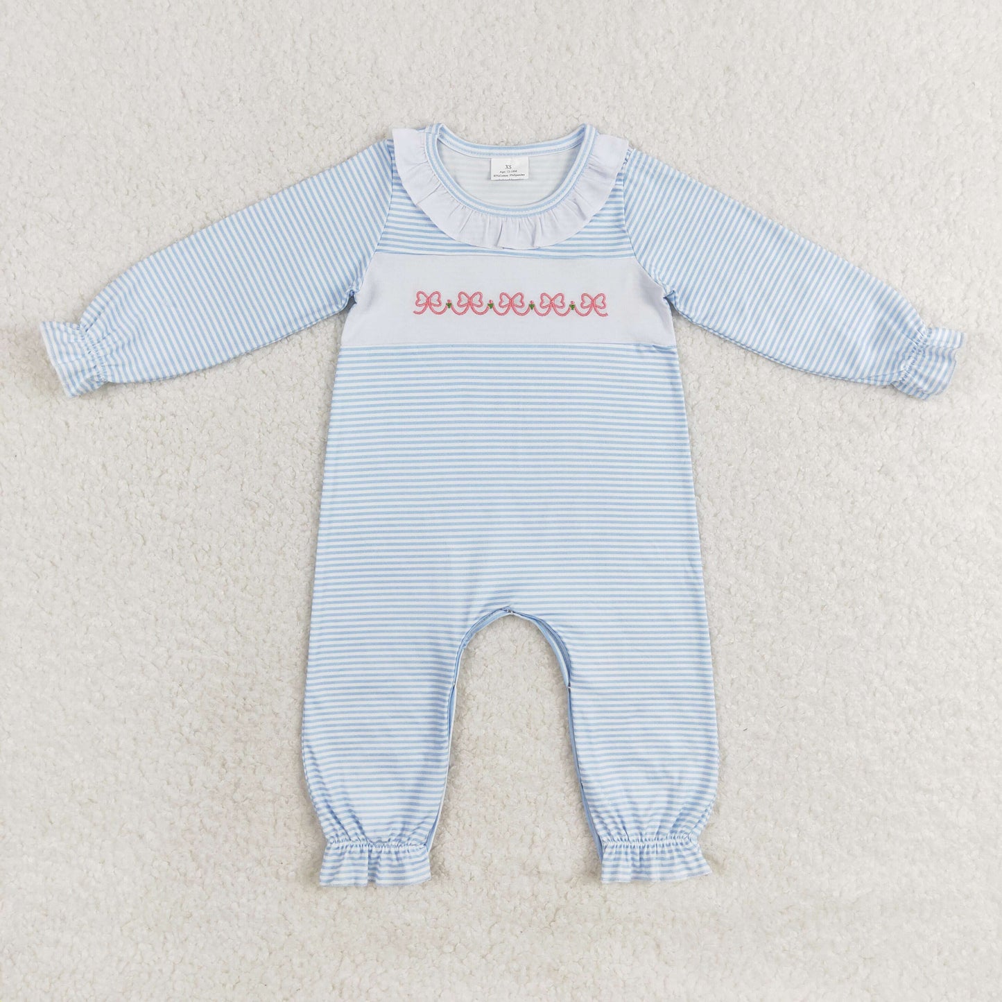 USA Shop Baby Girls Infant Long Sleeves Embroidery Bows Blue Stripes Romper