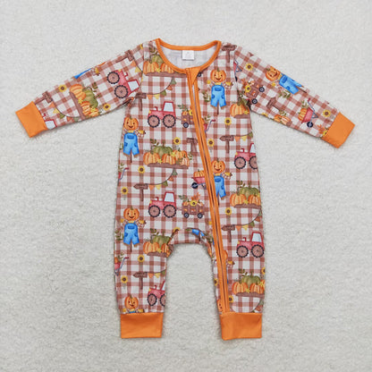 Baby Boy Girl Infant Long Sleeves Pumpkins Zipper Fall Romper Sibling Clothes