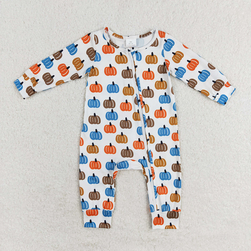 Baby Boy Girl Infant Long Sleeves Pumpkins Zipper Fall Romper Sibling Clothes