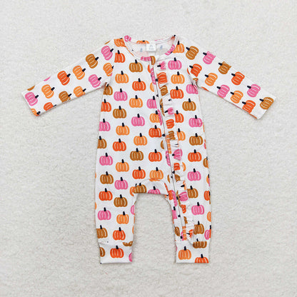 Baby Boy Girl Infant Long Sleeves Pumpkins Zipper Fall Romper Sibling Clothes