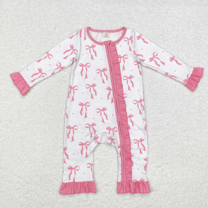 USA Shop Baby Infant Girls Long Sleeves Pink Bows Ruffle Zipper Bamboo Romper