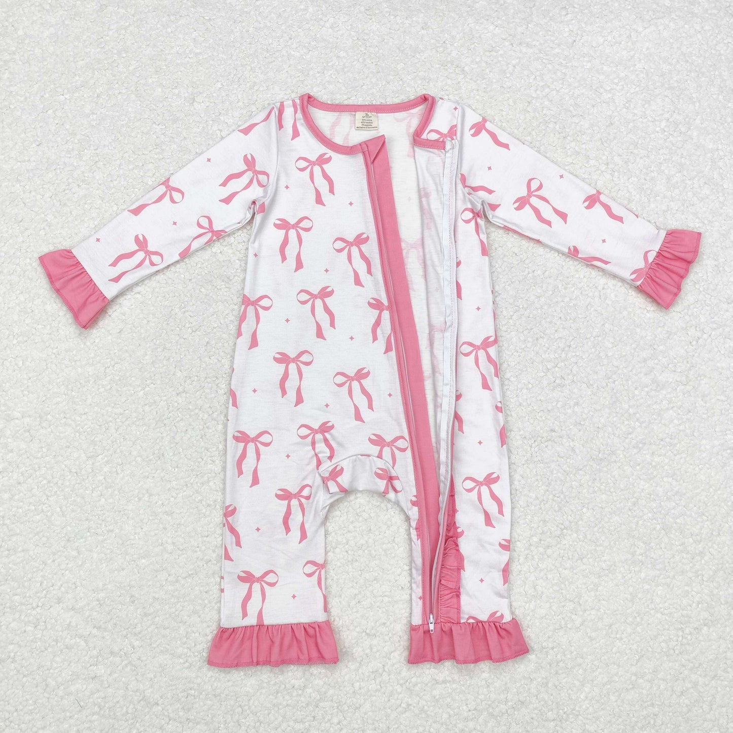 USA Shop Baby Infant Girls Long Sleeves Pink Bows Ruffle Zipper Bamboo Romper