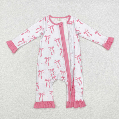 USA Shop Baby Infant Girls Long Sleeves Pink Bows Ruffle Zipper Bamboo Romper