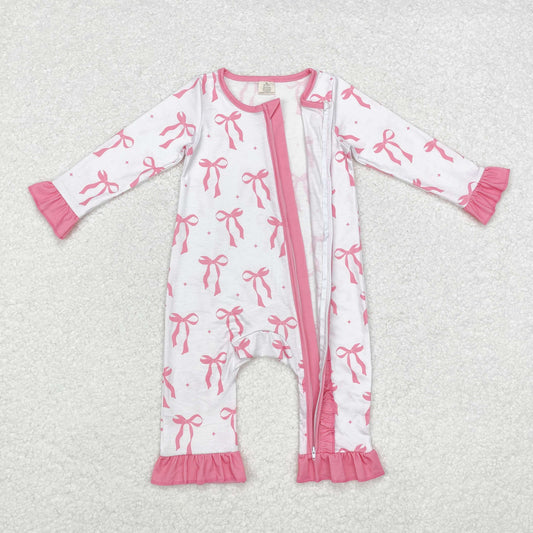 USA Shop Baby Infant Girls Long Sleeves Pink Bows Ruffle Zipper Bamboo Romper