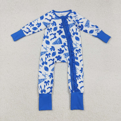 Sibling Baby Girls Kids Cheer Blue Bows Romper Dress Team Clothes