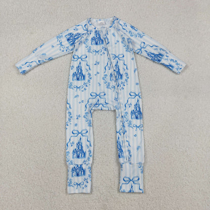USA Shop Baby Girls Long Sleeves Bows Castles Blue Stripes Zipper Footie Sleeper Romper